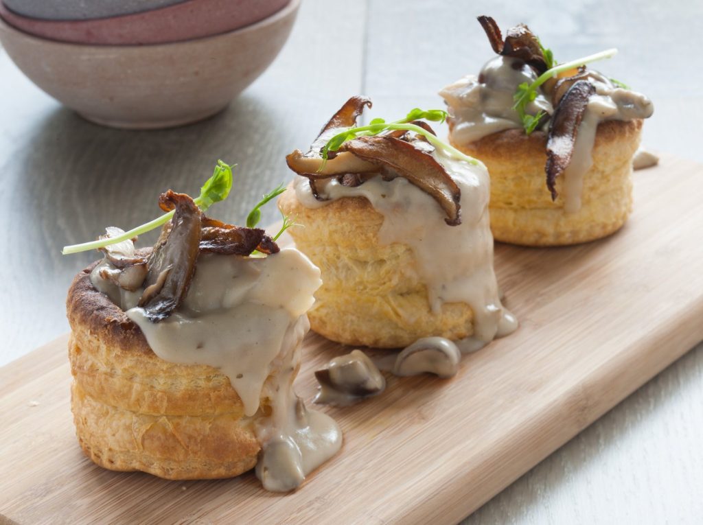 Vol-au-vents with mushroom ragout and pea shoots